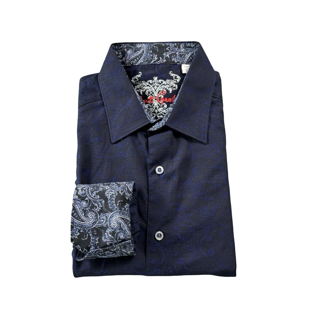 Robert Graham Black Blue Embossed Paisley Cotton Mens Flip Cuff Shirt M